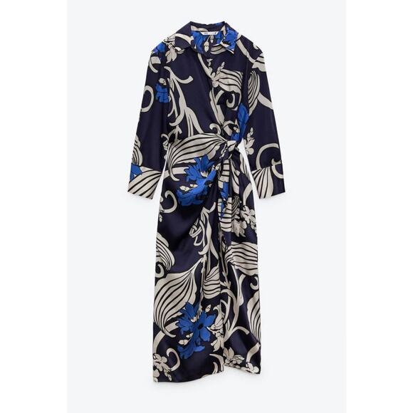 Zara Blue Abstract Satin Long Sleeve Maxi Wrap Dress Size Small - Picture 8 of 8
